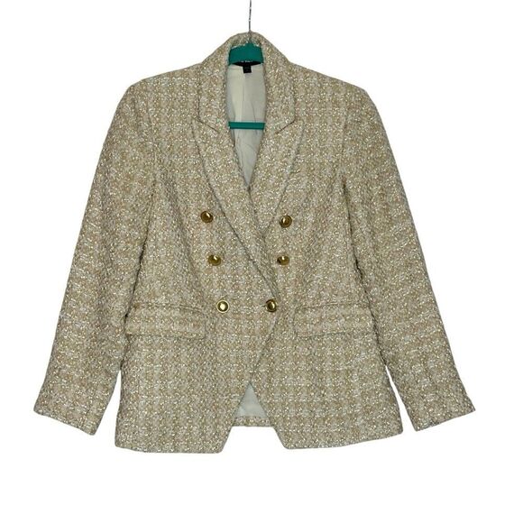 Express Cream Gold Metallic Double Breasted Tweed Blazer | S - Picture 3 of 11